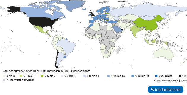 Zahl der durchgeführten COVID-19-Impfungen je 100 Einwohner:innen, weltweit